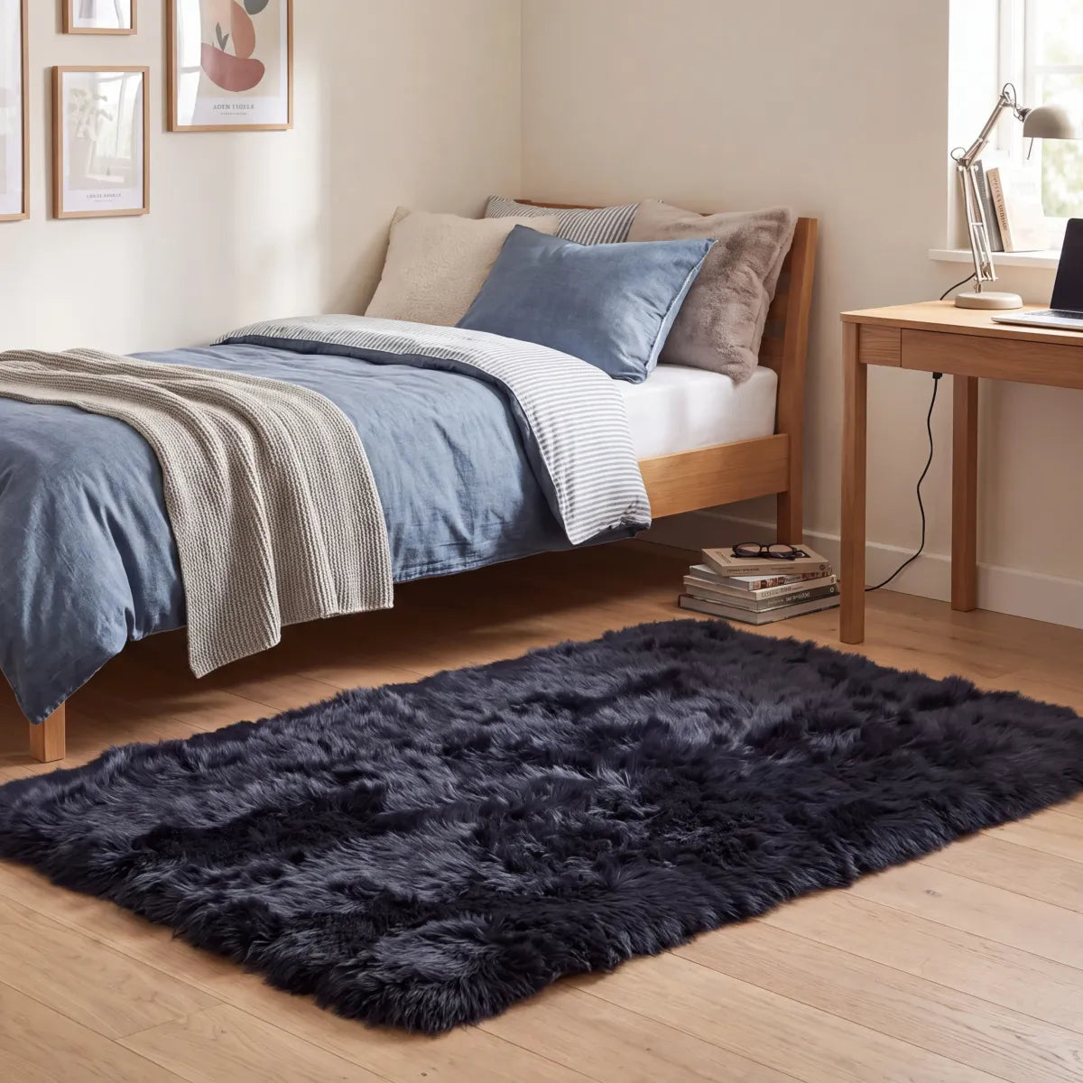 Lammfell Designerteppich | Langhaar | Neuseeland Schwarz