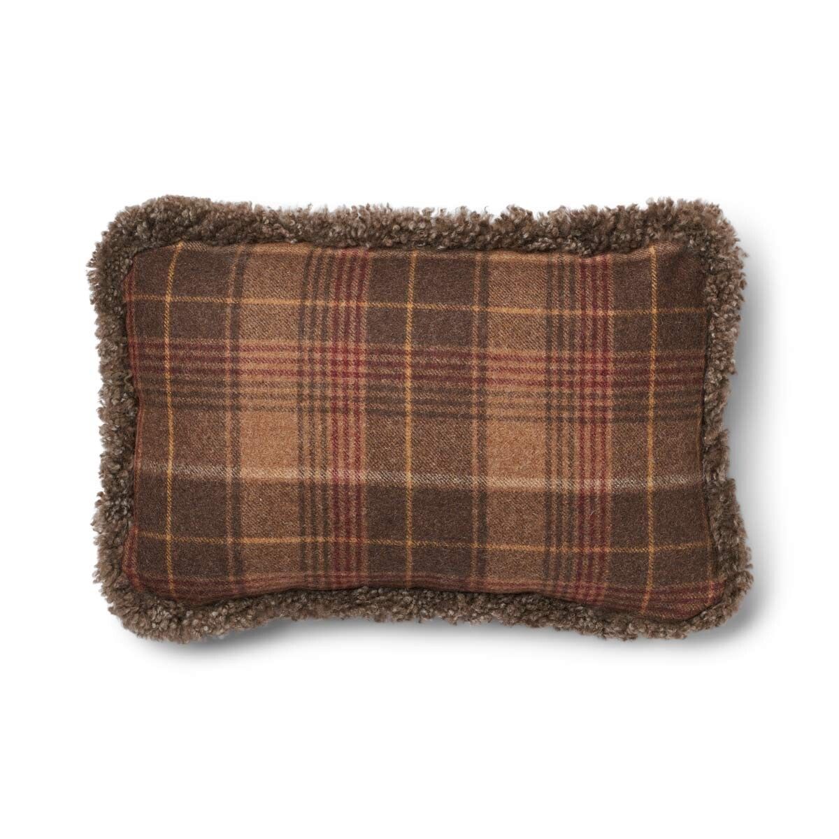 Kariertes Wollkissen | 100% Wolle | Fellborte | 52x52 cm | 34x52 cm Kakao-Dunkelbraun/Taupe