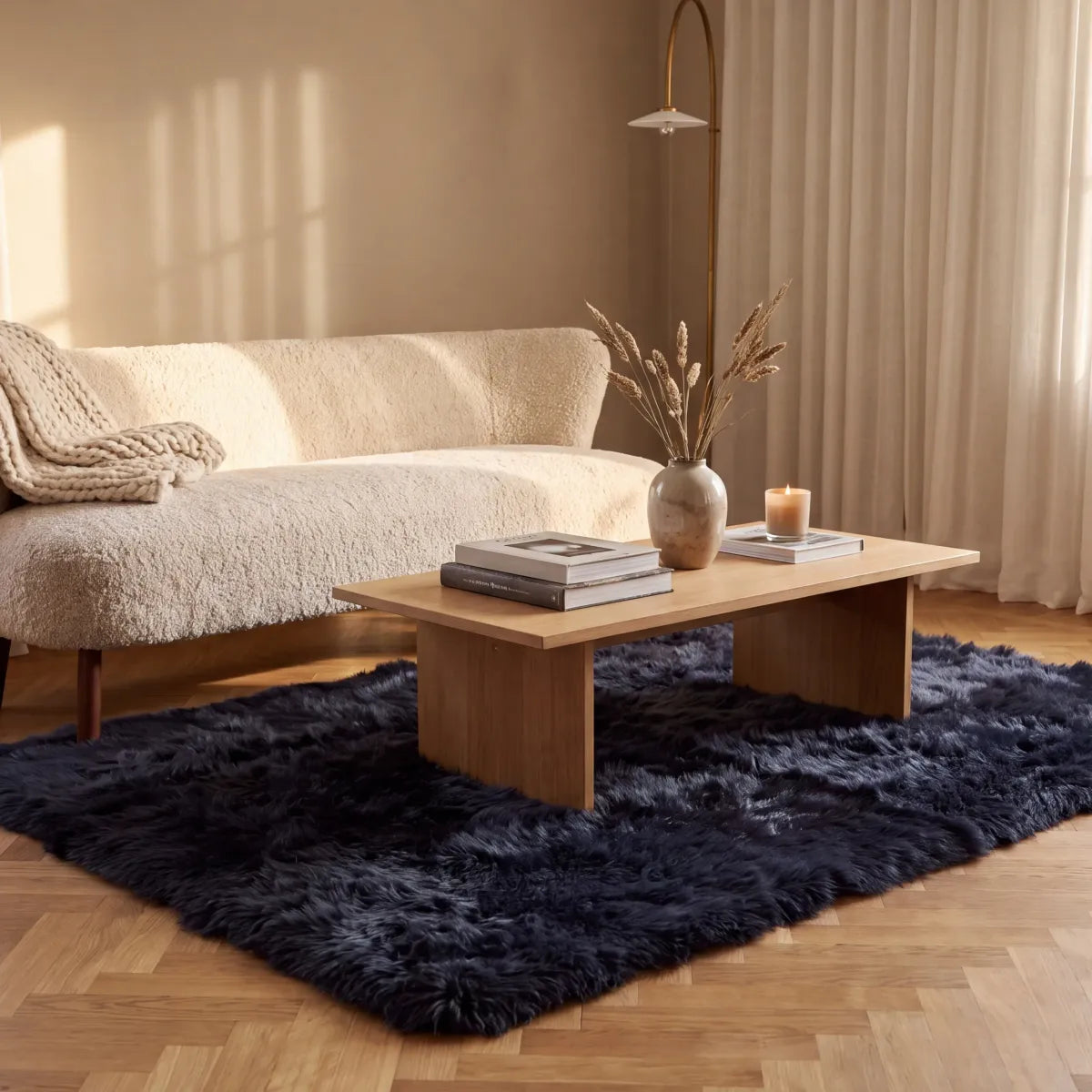 Lammfell Designerteppich | Langhaar | Neuseeland Schwarz