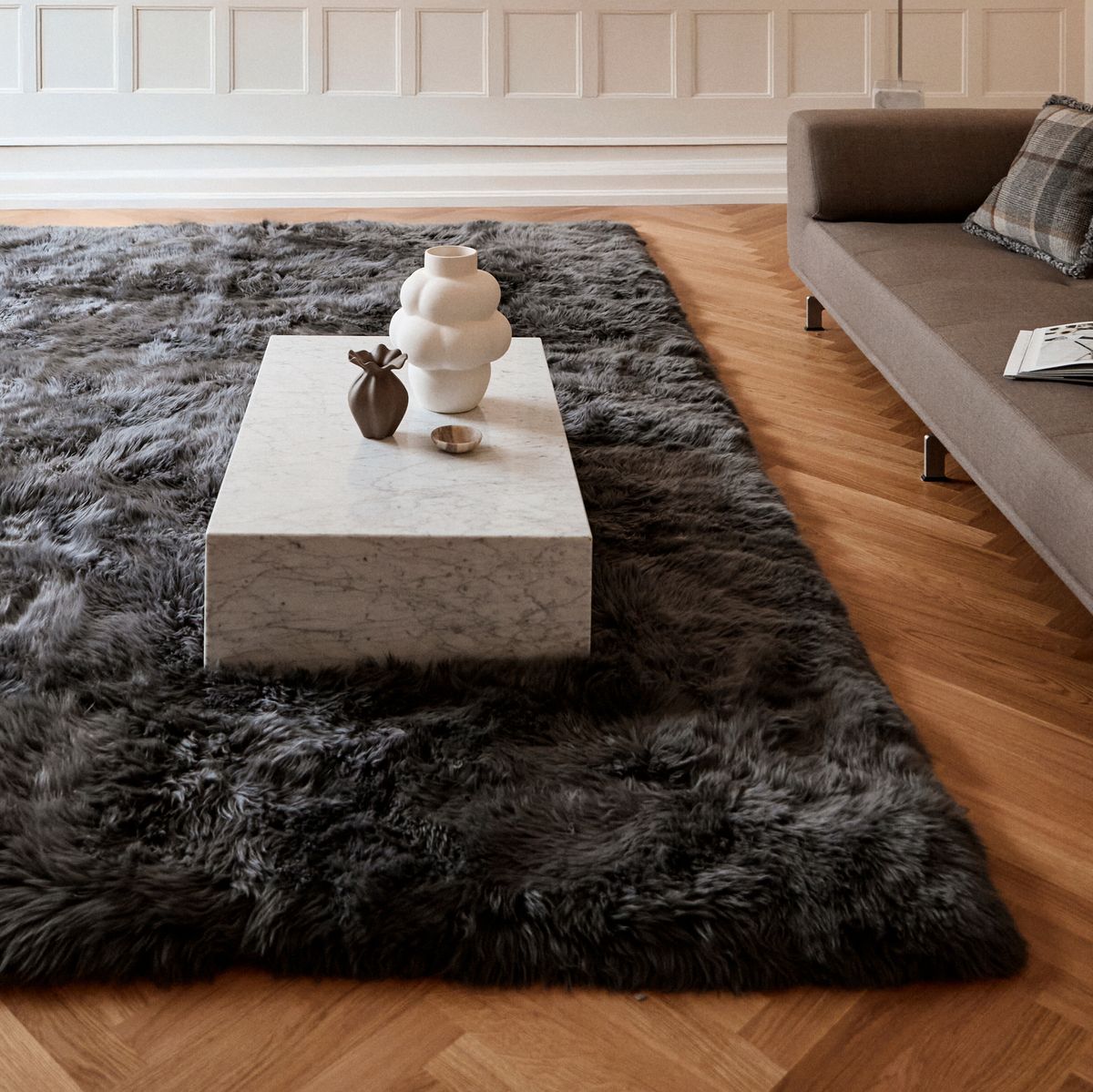 Lammfell Designerteppich | Langhaar | Neuseeland Schwarz