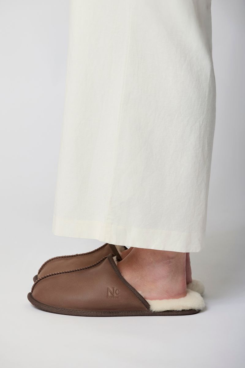 Herre Pantoffeln | Leder, Lammwolle Dunkelbraun Nappa