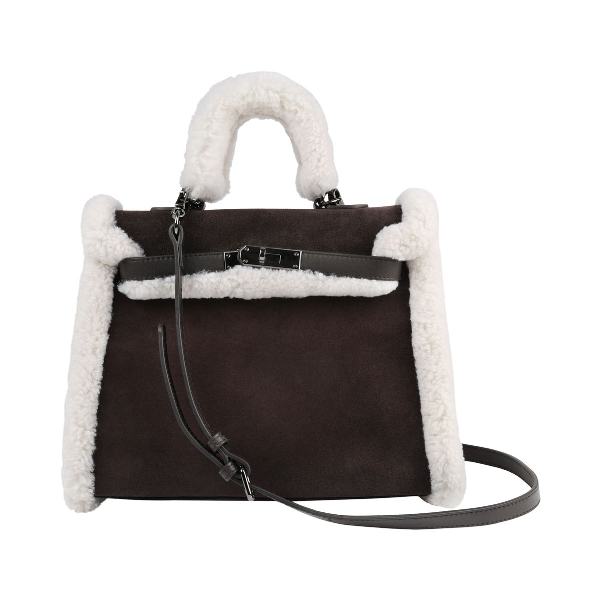 Amy Handtasche | Lammwolle, Kalbsleder Dunkelbraun